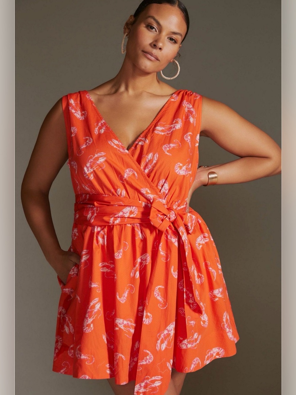 Anthropologie Maeve Mainely Lobster wrap Orange V-Neck Tie-Waist Mini Dress
